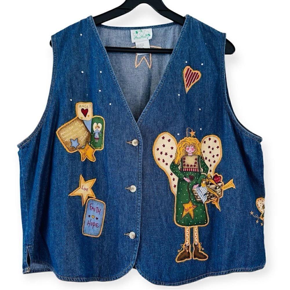 The Quacker Factory Women’s Angel Believe Jeweled Embroidered Denim Vest Size 1X